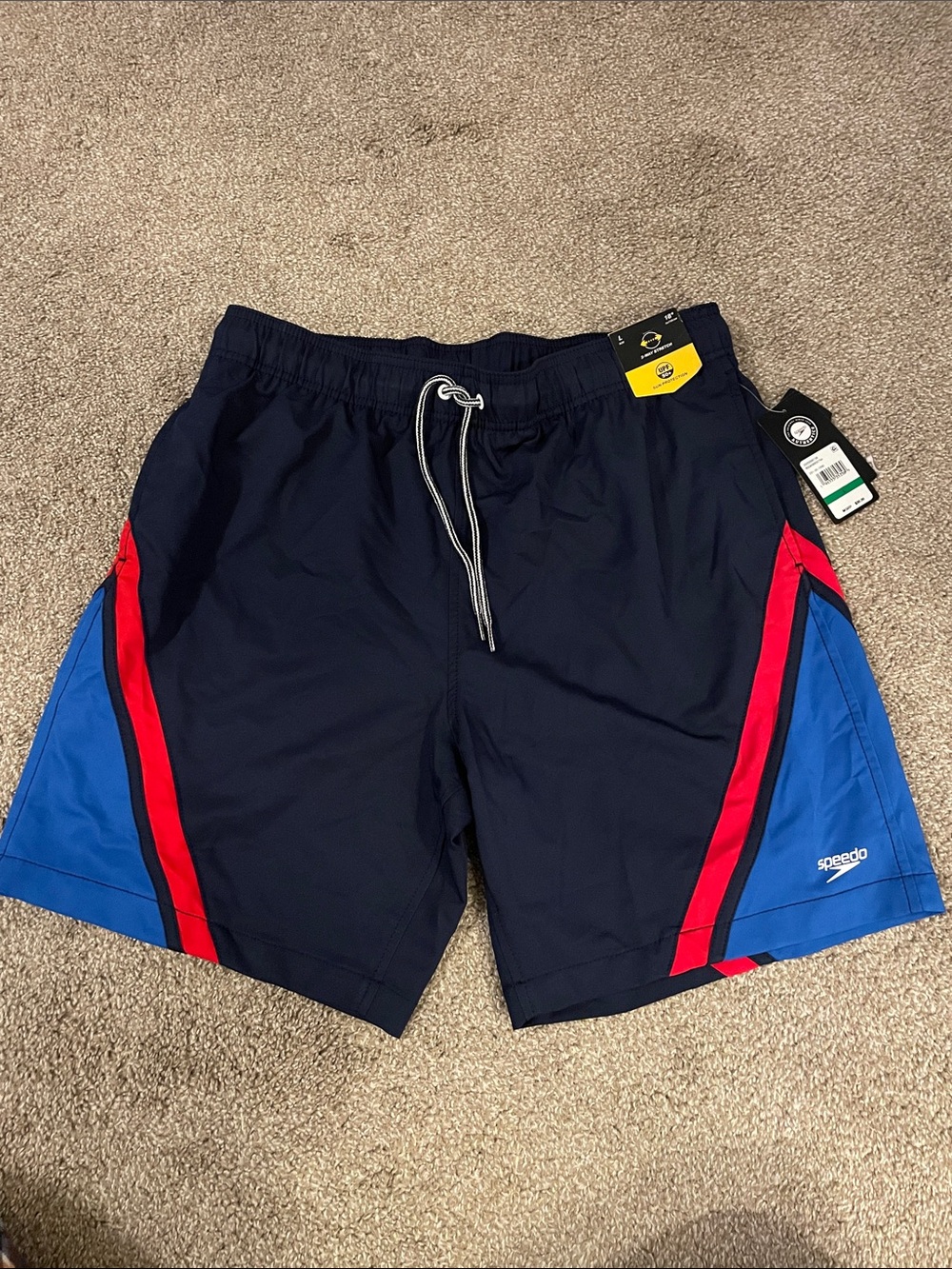 Speedo Navy Swim Shorts with Red and Royal Blue Accents